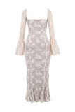 Square Neck Long Flare Sleeve Jacquard Fishtail Garden Party Maxi Dresses-White