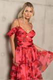 Floral Print Dropped Shoulder Tiered Hem Slip Midi Dresses-Red