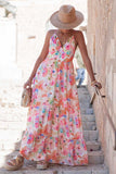 V Neck Backless Quilted Floral Print Vacation Maxi Slip Dresses