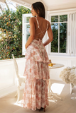 Floral Print Deep V Neck Backless Tiered Ruffled Flowy Hem Maxi Dresses-Beige