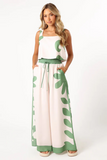 Floral Print Thick Straps Crop Top Wide Leg Pants Matching Set-Green