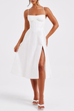 Jacquard Boat Neck Corset A-Line Slit Midi Strappy Dresses-White