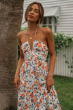 V Neck Halter Floral Print Ruffle Hem Vacation Maxi Dress