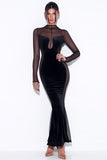 Velvet Mesh Patchwork Long Sleeve Gown Maxi Dresses