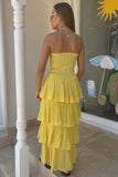 Smocking Tiered Layered Sleeveless Plain Tube Maxi Dresses-Yellow