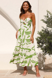 Doodle Print Sweetheart Neckline Ruched Strapless A-Line Vacation Midi Dresses-Green