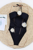 3D Flower Decor Cut Out Halter One-Piece Swimsuit-Black