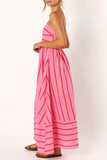 Boat Neck Spaghetti Strap A-Line Backless Striped Print Maxi Dresses-Pink