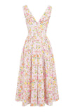 Sleeveless V Neck Cinch Waist Floral Print Midi Dresses-Pink