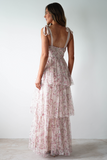 Tie Up Straps Cinch Waist Floral Print Tiered Maxi Dresses-Pink