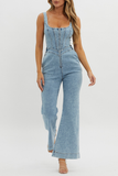 Square Neck Corset Front Zip Flared Leg Denim Strappy Jumpsuit-Blue