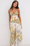 Ditsy Floral Print Deep V Neck Lace Patchwork Backless Slip Maxi Dresses-Green