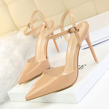 Burnished Plain Pointy Toe Ankle Strap Buckle Stiletto Heels