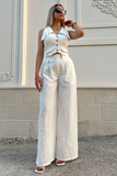 Plain Turndown Collar Waistcoat Wide Leg Pants Matching Set-Yellow