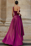 Elegant One Shoulder Corset Folds High Slit Formal Party Gown Satin Maxi Dresses-Purple