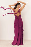 Cowl Neck Sleeveless Asymmetric Ruffle Gown Maxi Dresses-Purple