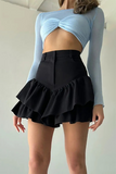 High Waist Layered Ruffled Plain Mini Skirt-Black