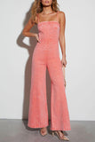 Solid Color High Waist Flared Leg Denim Cami Jumpsuit-Orange