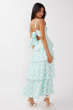 Floral Print Square Neck Straps Back Ribbon Cut Out Tiered Wedding Guest Maxi Dresses-Blue