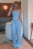 Denim Sequin Strapless Irregular Top Straight Leg Jeans Matching Set-Blue