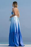 Gradient Color Cutout Open Back Shirred Maxi Strappy Dresses-Blue