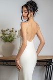 Front Ruched Slim Fit Backless Spaghetti Strap Satin Gowns Maxi Dresses-White