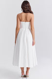 Elegant Strapless Corset Back Zipper Pleated Midi Dresses-White