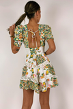 Floral Print V Neck Juliet Sleeve Lace Ruffled Trim A-Line Mini Dresses-Green