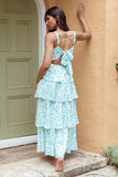 Floral Print Square Neck Straps Back Ribbon Cut Out Tiered Wedding Guest Maxi Dresses-Blue