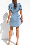 Turndown Collar Puff Sleeve Cinch Waist Button Up Denim Mini Dresses-Blue