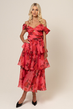 Floral Print Dropped Shoulder Tiered Hem Slip Midi Dresses-Red