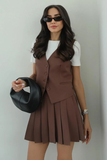 Solid Color V Neck Button Up Waistcoat Pleated Mini Skirt Matching Set-Brown