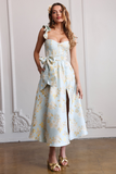 Floral Pattern Ruffled Strap Corset Tie Up Bow Slit A-Line Midi Dresses-Blue