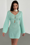 Cutout Knit V Neck Long Sleeve Backless Vacation Mini Dresses-Green