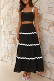 Colorblock Ripple Trim Crop Cami High Waist A-Line Maxi Skirt Matching Set-White