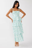 Floral Print Square Neck Straps Back Ribbon Cut Out Tiered Wedding Guest Maxi Dresses-Blue