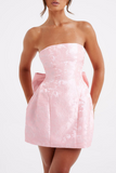 Jacquard Boat Neck A-Line Puffy Hem Back Bow Cocktail Party Mini Dresses-Pink