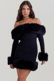 Off Shoulder Long Sleeve Faux Fur Cuff Trim Cocktail Party Bodycon Mini Dresses-Black