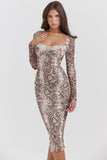 Snake Print Square Neck Lace Long Sleeve Bodycon Midi Dresses-Brown