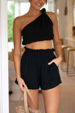 One Shoulder Knotted Boat Neck Crop Top Ruffle Pleated Pocket Shorts White Matching Sets