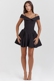 Cold Shoulder Corset A-Line Pleated Hem Cocktail Party Slip Mini Dresses-Black