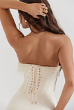 Beads Pearls Fringed Trim Strapless Corset Bodycon Midi Dresses-White