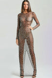 Mesh Rhinestone See-Through Long Sleeve Slim Fit Slit Cover Ups Party Maxi Dresses - Brown