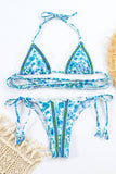 Lace Trim Halter Bikini Top Tie Up Paisley Print Bikini Set-Blue