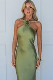 Halter Rosette Decor Open Back Slim Fit Satin Maxi Dresses-Green