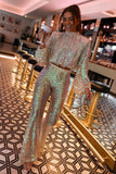 Sparking Sequin Lantern Sleeve Crop Top Flared Pants Matching Set-White