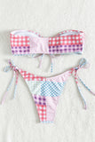 Hollow Out Tied Up Backless Tube 2 Pieces Plaid Print Bikini Sets