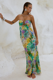 Strapless Cutout Floral Print Maxi Dresses-Green