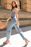 Lapel Collar Sleeveless Pocket Denim Flare Leg Jumpsuit-Blue