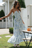 V Neck Halter Floral Print Ruffle Hem Vacation Maxi Dress